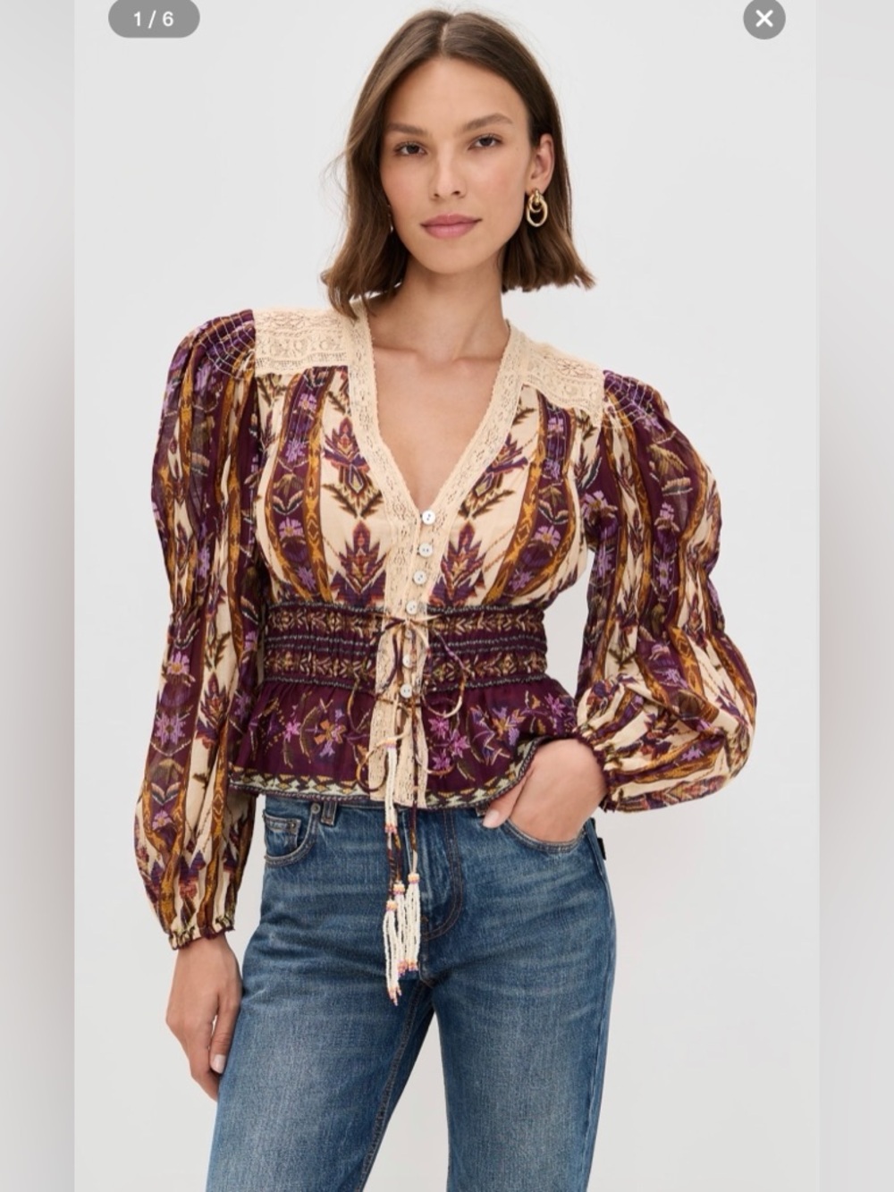 FARM RIO Embroidered Tapestry Sand Long Sleeve Blouse